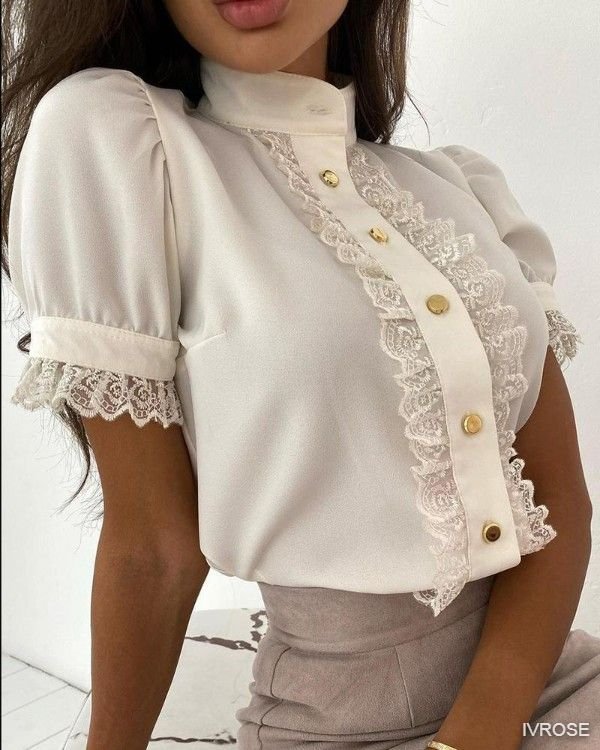 Lace Patch Button Front High Neck Top