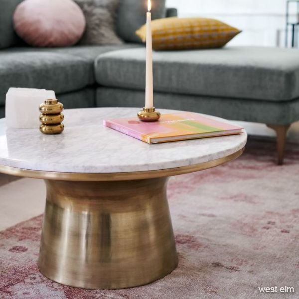Marble-Topped Pedestal Coffee Table - White Marble/Antique Brass