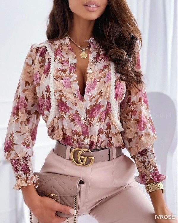 Shirred Flounce Sleeve Button Up Top Floral Print Long Sleeve Blouse
