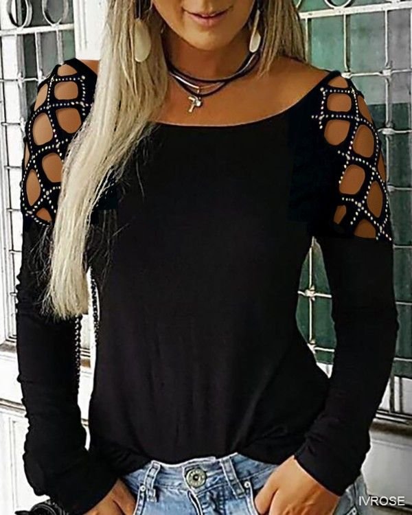 Solid Colored Long Sleeve Cut Out Round Neck Tops Rhinestone Basic Hollow Basic Top