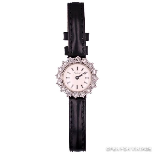 1950s Diamonds Leather Bracelet 18 Karat White Gold Flamor Ladies Watch