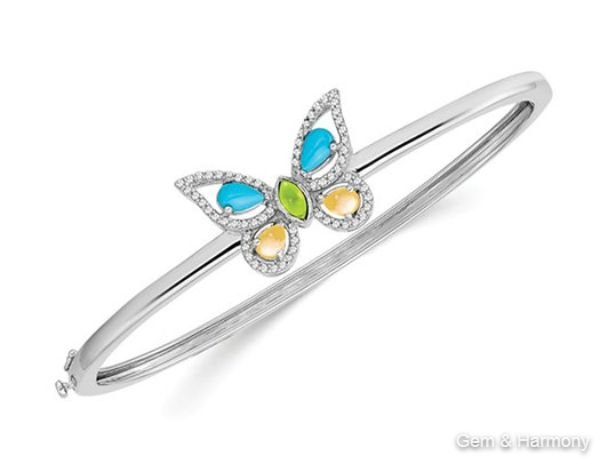 1.40 Carat (ctw) Peridot, Citrine, Turquoise Butterfly Bangle Bracelet in 14K White Gold
