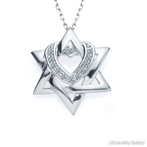 Diamond Jewish Star of Magen David Heart Pendant 14k White Gold Chain 16" (0.10 tcw)