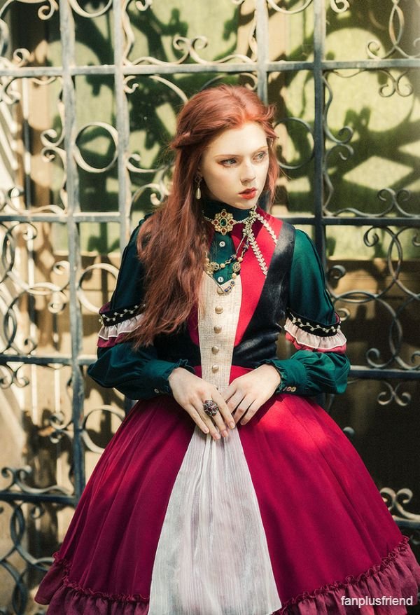 Hollow Crown, Gothic Color Blocking Fashion Sleeveless False 2pcs Velvet Midi Dress & Handmade Armlets Set*3ver Instant Shipping