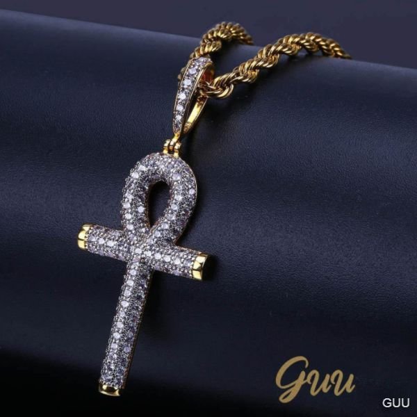 ICED 18K YELLOW GOLD-PLATED ICED AAA CZ 18MM ANKH GOLD-PLATED AND SILVER PENDANT & CUBAN LINK CHAIN