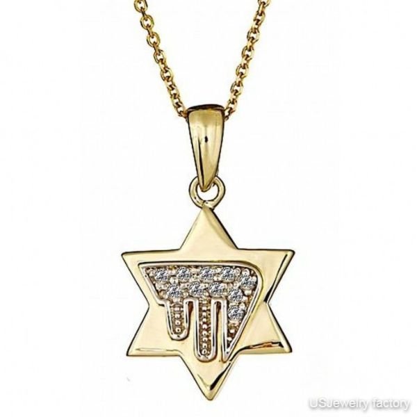 Jewish Chai in Star David Diamond Pendant Necklace 16" 14k Yellow Gold (0.13 tcw)