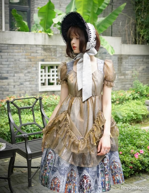 Vintage Lolita Cute Casual Midi Dress Stained Glass Windows Jacquard Summer Dress