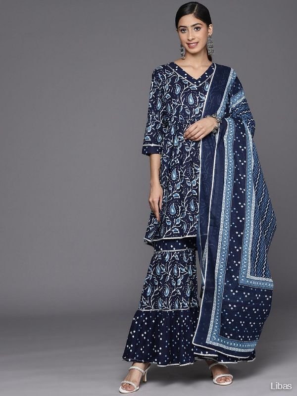 Blue Printed Cotton Anarkali Kurta With Sharara & Dupatta