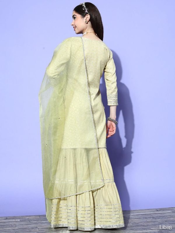 Green Yoke Design Cotton Straight Kurta With Sharara & Dupatta