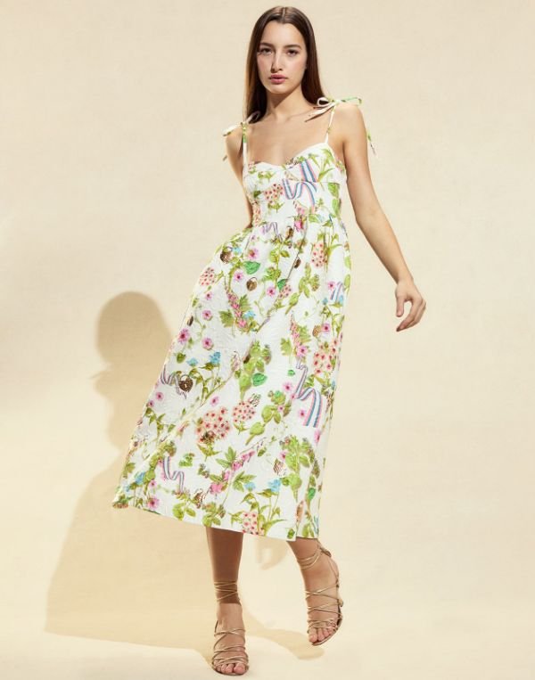 PRINTED BROCADE MIDI DRESS